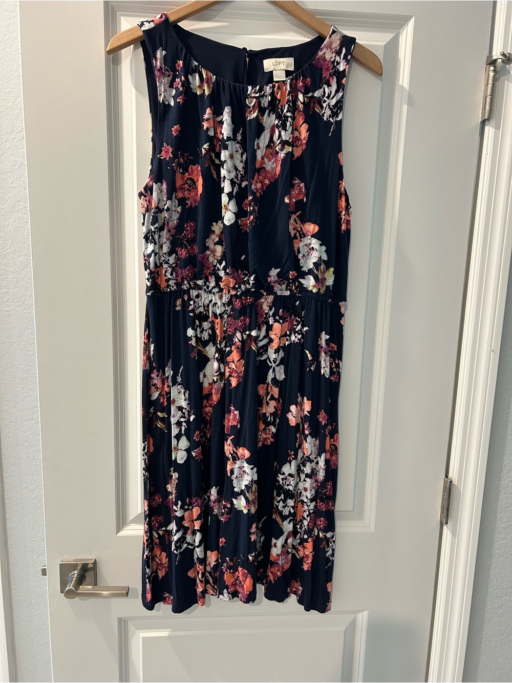 LOFT Navy Floral Sleeveless Elastic-Waist Dress